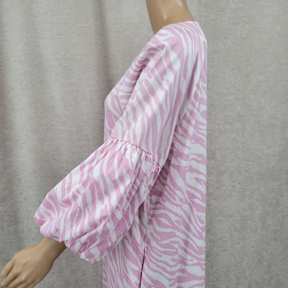Chico's Dress Pink Zebra Print Ballon Sleeve Midi Dress Poplin Stretch NEW - Picture 6 of 16